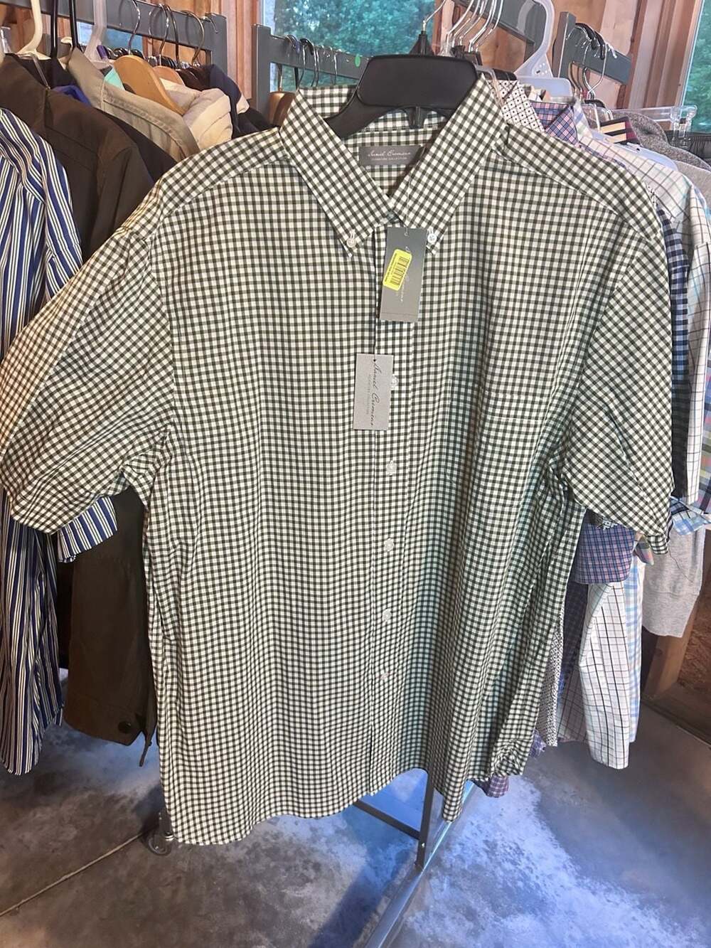 Daniel Cremieux Signature Collection Olive Green Gingham Button Down Short Sleev